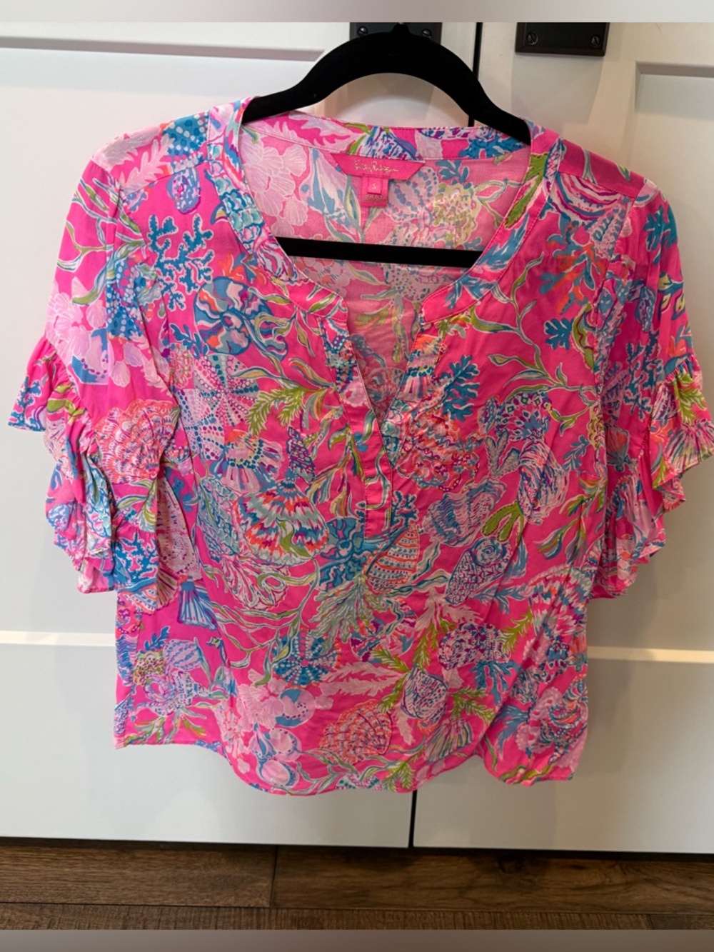 Lilly Pulitzer Women’s Pink Floral Ruffled-Sleeve Blouse